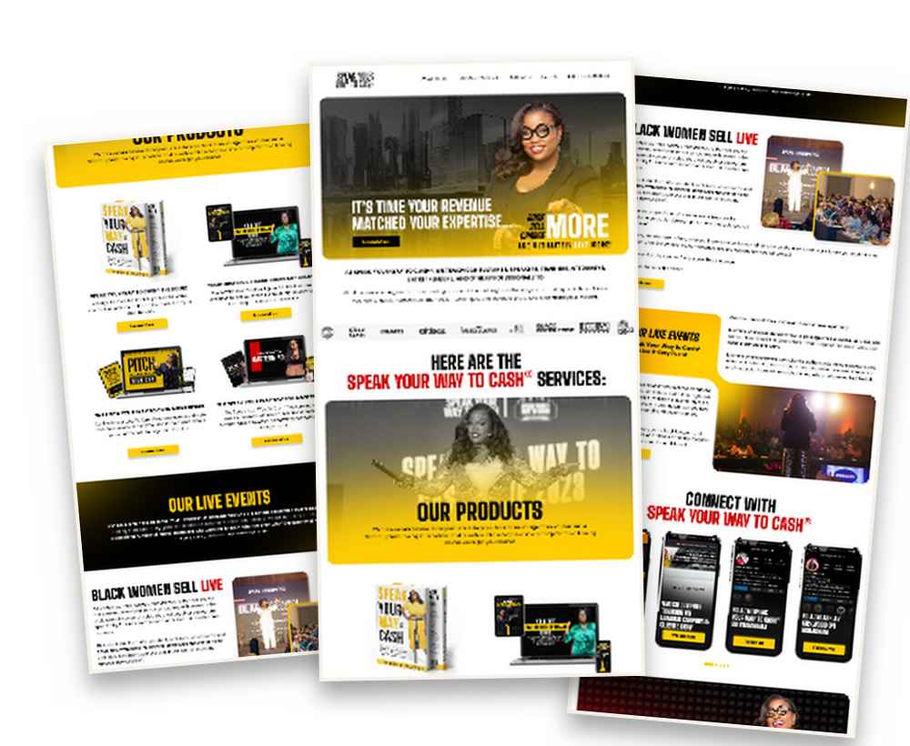 Speak Your Way To Cash homepage, products, and live events page mockups