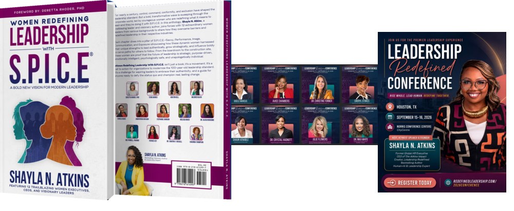 Women Redefining Leadership with S.P.I.C.E. book and Leadership Redefined Conference promotional graphics